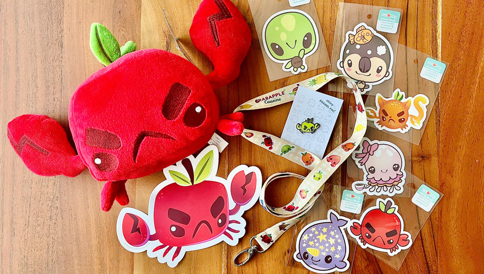 Plush, pins, stickers & lanyard featuring my original characters