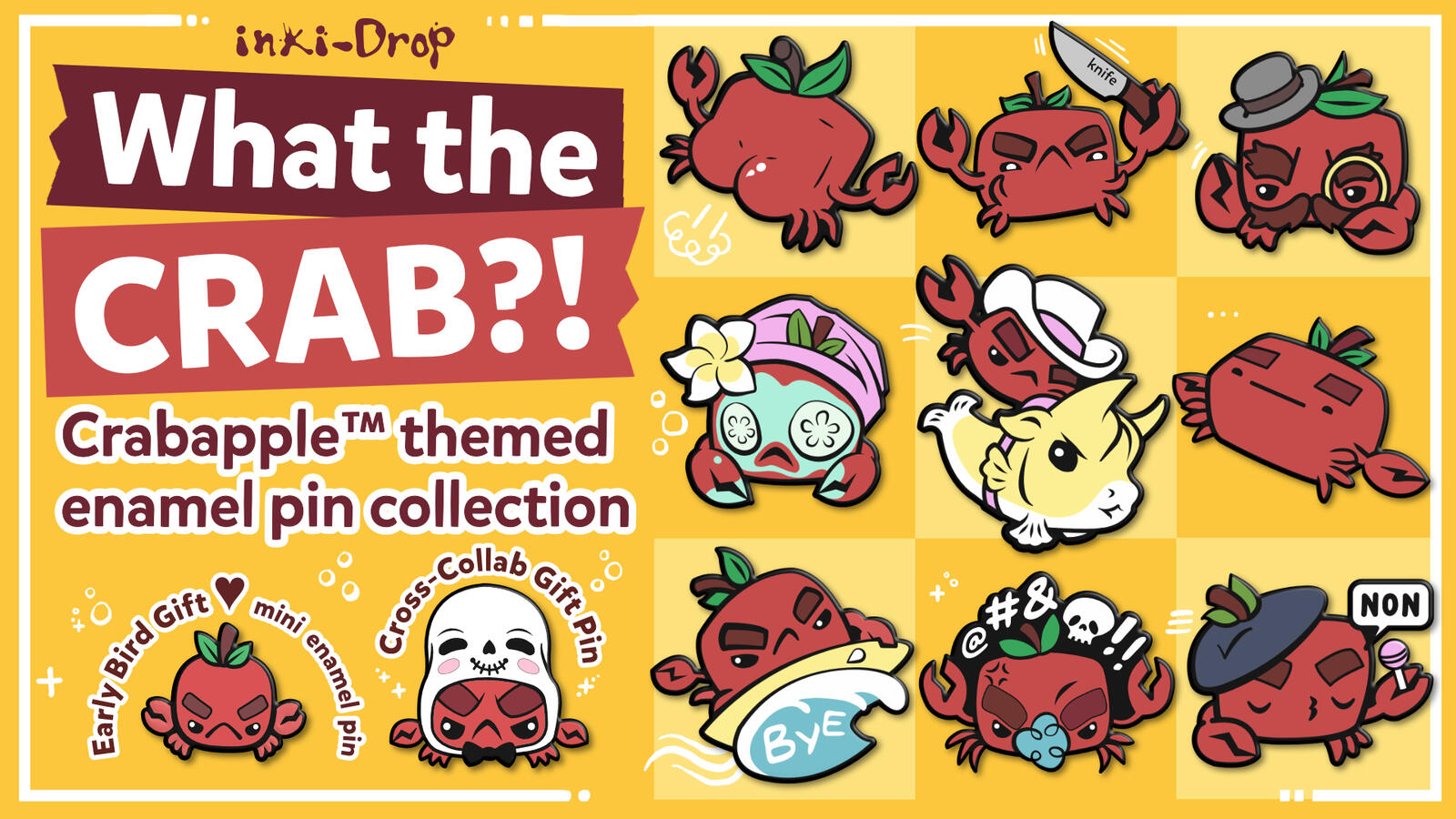 "What the CRAB?!" Enamel pin collection, original deisgns