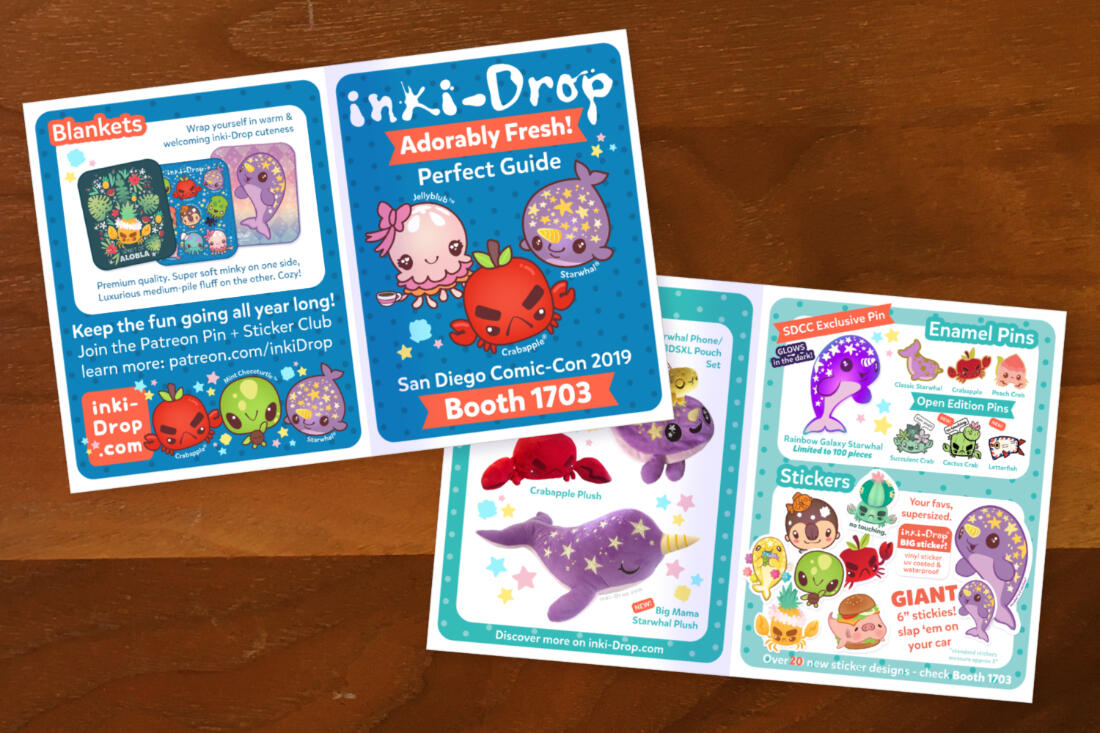Mock-up of booth promo flyer for inki-Drop's 2019 San Diego Comic Con appearance